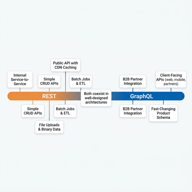 REST vs GraphQL Decision Spectrum: showing use cases positioned along a spectrum from REST-recommended to GraphQL-recommended